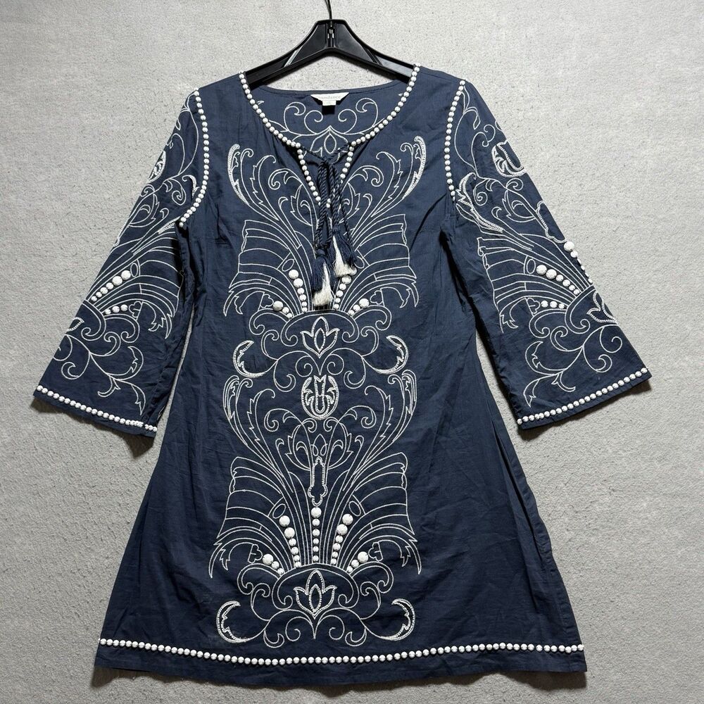 Sundance Tunic Dress Beach Cover Sz M Blue 100% Cotton Tassels Embroidery Beaded
